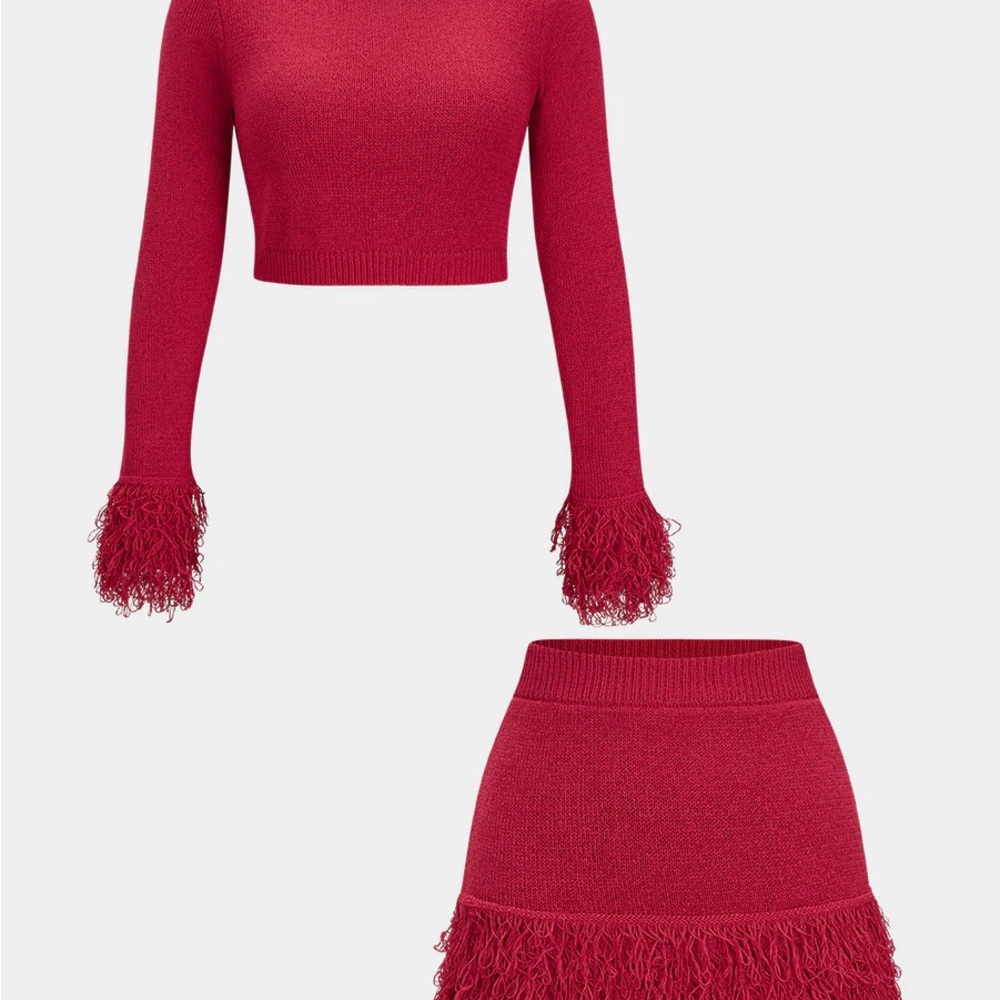 Stylish Red Knit Fringe Skirt Set